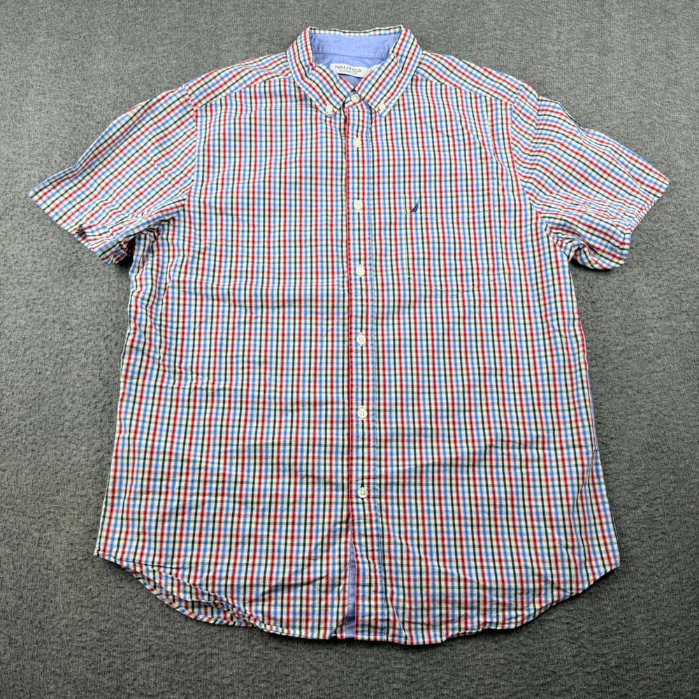 Nautica Men's L Short Sleeve Button Down Shirt Red Blue Plaid Cotton Classic Fit
